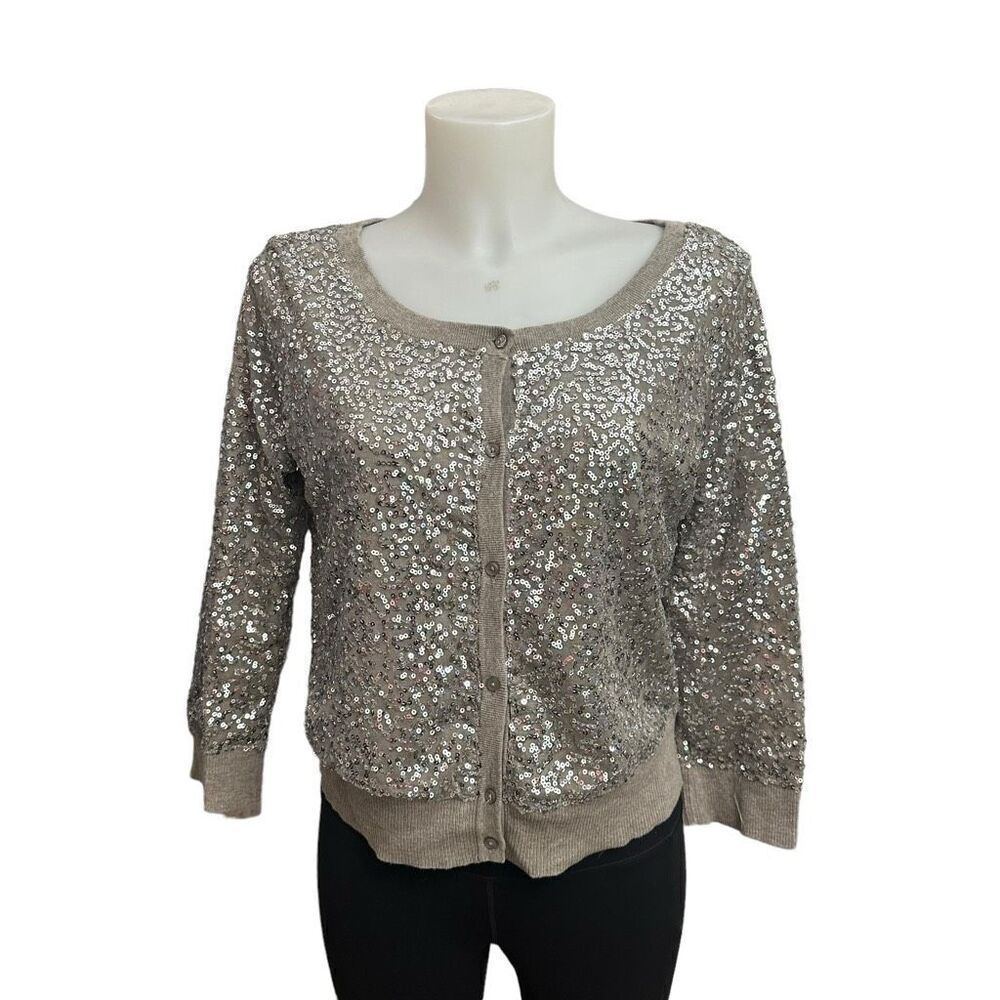 American‎ Eagle Womens knit Button Down Cardigan 3/4 Sleeve Fully Sequinned sz M
